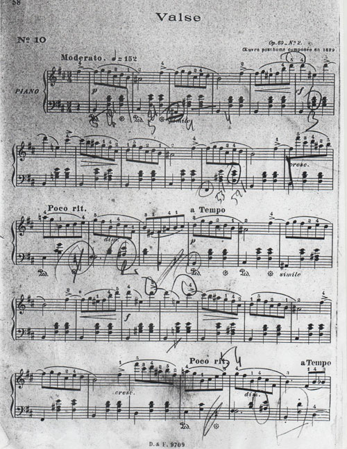 1 page de la partition de la valse n°10 en si mineur, opus 62 de  Chopin