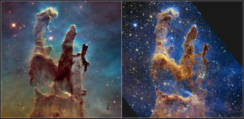 Photos comparatives des Piliers de la Création entre Hubble et le JWT